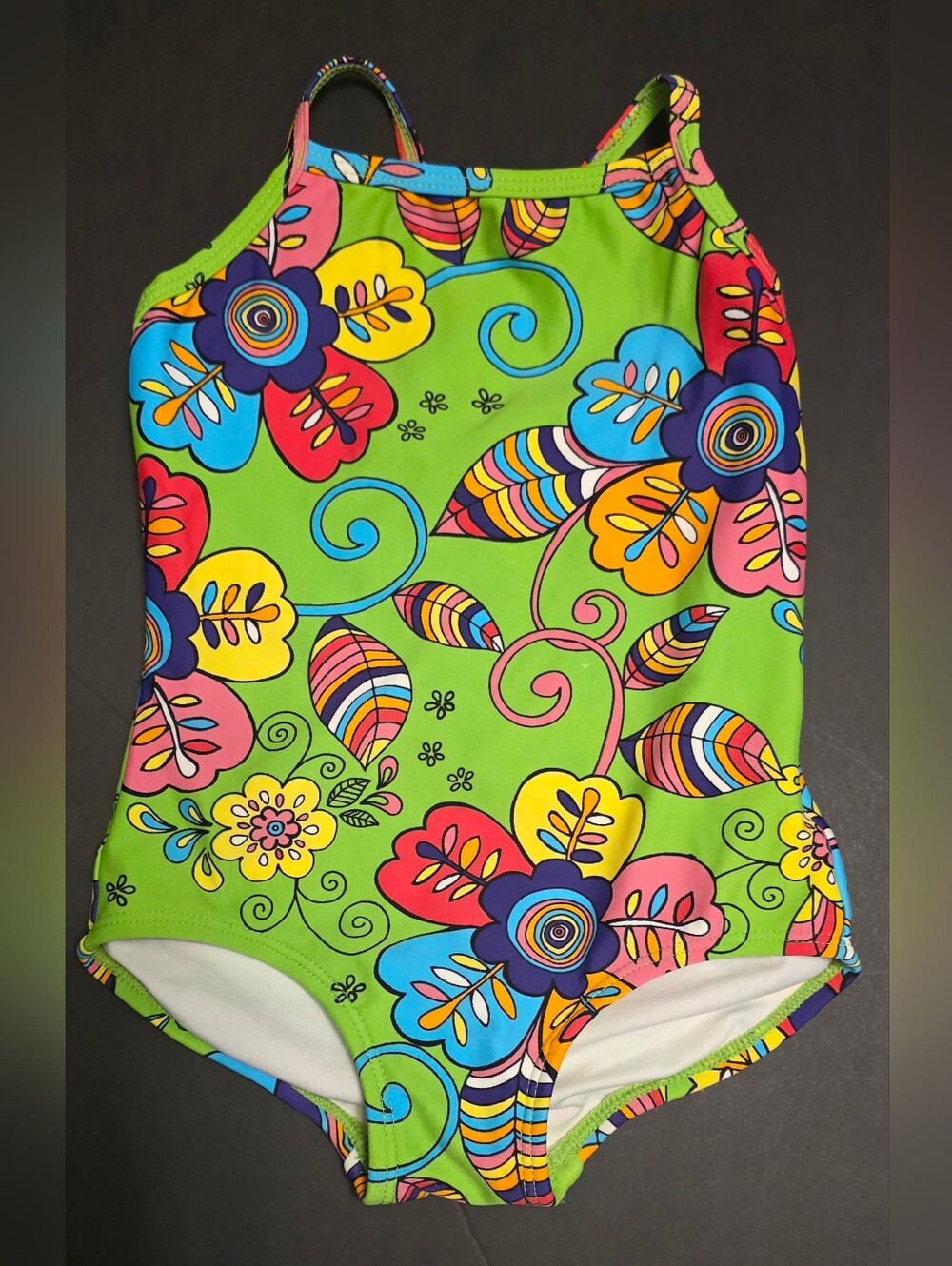 Hanna Andersson Lime Green Girls Floral One-Piece Swimsuit Size 80